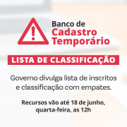 Card sobre o Banco de Cadastro Temporário com ícone de alerta, informando sobre a lista de classificação e prazo para recursos até 18 de junho às 12h. No canto inferior direito, há o logotipo da Secretaria da Educação do RS