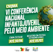 Card sobre a VI Conferência Nacional Infantojuvenil pelo Meio Ambiente. Com fundo verde, a imagem destaca os prazos para a etapa escolar (até 30/06) e registro da escola (até 05/07). Ao lado, há um globo terrestre cercado por vegetação. Logos da Seduc-RS, Governo do RS e Undime-RS estão no canto inferior.