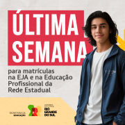 O governo do Estado, por meio da Secretaria da Educação (Seduc), reforça que esta é a última semana para realizar a matrícula na Educação de Jovens e Adultos (EJA) e nos cursos técnicos gratuitos ofertados pela Rede Estadual. O prazo para inscrições termina na terça-feira (2/7).