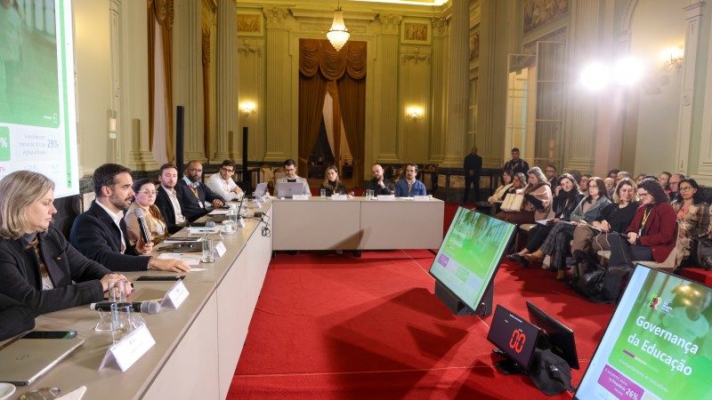 Evento realizado em salão nobre do Palácio Piratini, com mesa em “U”, onde autoridades e educadores discutem indicadores educacionais. Telões exibem a apresentação “Governança da Educação”. Público acompanha atento à direita da imagem.