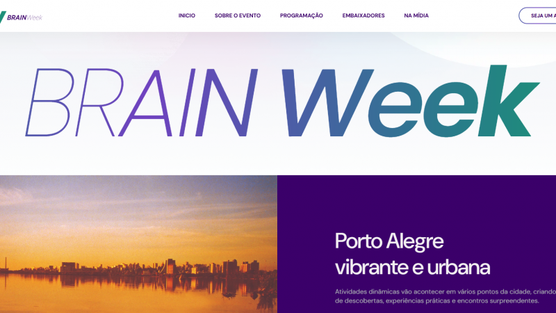 Captura de tela do site Brain Week, com logotipo no topo e menu de navega&ccedil;&atilde;o. No centro, o nome &ldquo;Brain Week&rdquo; em destaque. Abaixo, h&aacute; foto do p&ocirc;r do sol em Porto Alegre e texto sobre atividades din&acirc;micas e experi&ecirc;ncias urbanas pela cidade.