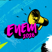 Capa Mat&eacute;ria Enem 2026. Fundo azul e imagem de um megafone amarelo pr&oacute;ximo aos dizeres "ENEM 2026"