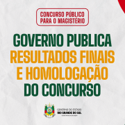 Card informativo sobre o concurso p&uacute;blico para o magist&eacute;rio. Em destaque, o texto &ldquo;Resultados finais e homologa&ccedil;&atilde;o do concurso&rdquo;. O fundo branco &eacute; decorado com faixas onduladas nas cores verde, vermelha e amarela, al&eacute;m do bras&atilde;o do Governo do Estado do Rio Grande do Sul.