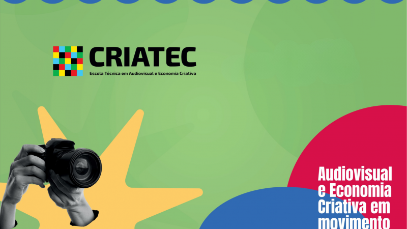 banner da escola criatec com identidade visual da escola. Duas m&atilde;os em preto e branco seguram uma c&acirc;mera no interior de uma estrela amarela. o Fundo &eacute; verde-claro e formas geom&eacute;tricas verdes, vermelhas e azuis se sobrep&otilde;em. A palavra "Criatec" est&aacute; escrita em letras pretas, com o logotipo da escola do lado. O logotipo s&atilde;o v&aacute;rios quadradinhos coloridos que lembram a est&aacute;tica de uma televis&atilde;o fora do ar. No canto inferior direito est&aacute; escrito "Audiovisual e Economia Criativa em movimento"