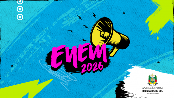 Imagem em fundo azul com as palavras "Enem 2026" escritas em rosa. 