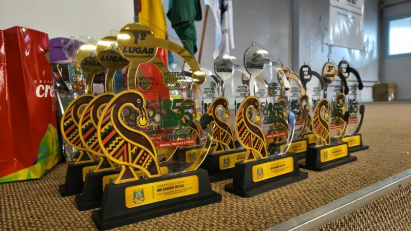 A imagem mostra trof&eacute;us enfileirados. Eles t&ecirc;m base preta com placa do Governo do RS, corpo em formato de p&aacute;ssaro estilizado com padr&otilde;es &eacute;tnicos e discos no topo indicando coloca&ccedil;&otilde;es (1&ordm;, 2&ordm; e 3&ordm; lugares) da Mostra Cient&iacute;fica 2026.
